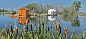 This floating treatment wetland (FTW) on Fish Fry Lake in Shepherd, Mont., features a wood structure for recreation a metal structure to house the island’s aerators. Photo courtesy of Floating Island International Inc. (Shepherd). Click for larger image.