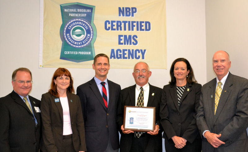 From left, Ted Tyree, Knoxville (Tenn.) Utilities Board (KUB) manager; Eileen J. O’Neill, WEF deputy director; Chris Hornbeck, National Association of Clean Water Agencies senior director; Wayne Loveday, KUB vice president; Mintha Roach, KUB president and chief executive officer; and Bill Elmore, KUB executive vice president and chief operating officer, pariticpate in KUB’s National Biosolids Partnership (NBP) certification celebration. Photo courtesy of KUB.