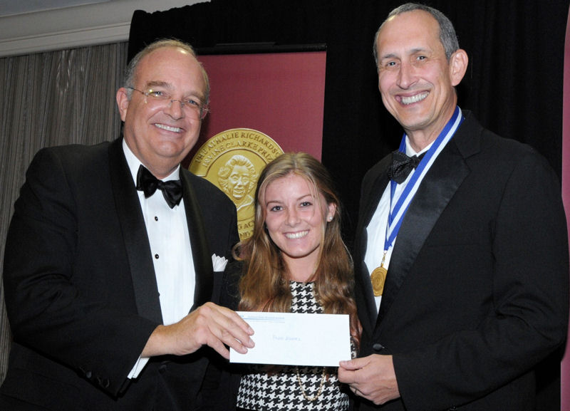 From left, James Irvine Swinden and Toni Smith present Pedro Alvarez with the Clarke Prize medallion on behalf of the Joan Irvine Smith and Athalie R. Clarke Foundation (Newport Beach, Calif.),which helped establish the prize. Photo courtesy of the National Water Research Institute (Fountain Valley, Calif.).