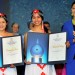 From left, Chilean team members Omayra Toro and Naomi Estay receive the 2013 Stokholm Junior Water Prize from Crown Princess Victoria of Sweden. Photo courtesy of Cecilia Östberg, Exray.