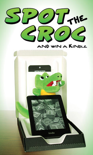 Find this stuffed croc in the bookstore at WEFTEC for a chance to win a Kindle Paperwhite and a WEF e-book .
