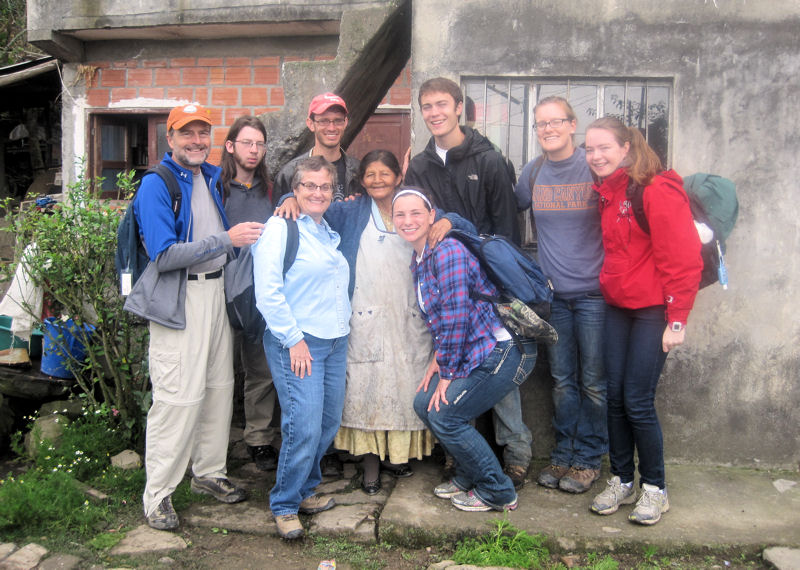 The group that helped provide clean water to the university in Bolivia stand with a local woman. Pictured are, front row from left, Melinda Berdanier; the San Pedro woman; and Emily Sumner, South Dakota State University; and back row from left, Bruce Berdanier; Sean McGuinness, Fairfield University; Jedidiah Reimnitz, South Dakota State University; Matt Auch, South Dakota State University; Deidre Beck, South Dakota State University; and Katherine Pitz, Fairfield University. Photo courtesy of Berdanier.