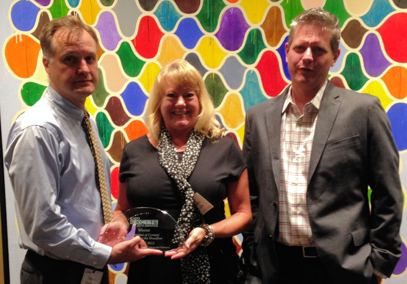 From left, WEF staff members Harrison, Leslie, and John Harrison, accept the award for the WEFTEC 2013 Operations Challenge event and the honorable mention in “Environmental Design” for the WEF Plaza at WEFTEC. WEF photo/Jessica Rozek.