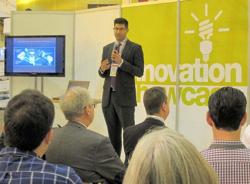 Ahmed Badruddin, WatrHub (Toronto, Ontario, Canada) chief executive officer and Imagine H2O finalist, speaks at the Innovation Pavilion, hosted by WEF, Imagine H2O, and BlueTech Research (Vancouver, British Columbia, Canada), during WEFTEC 2014. Photo courtesy of Imagine H2O.