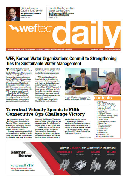 Click to see the Oct. 1 issue of the WEFTEC 2014 Daily.
