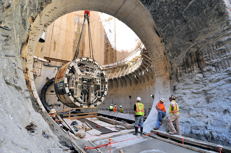 The Lady Bird Tunnel Boring Machine is  lowered into a hole at the Blue Plains Advanced Wastewater Treatment Plant. Photo courtesy of the District of Columbia Water and Sewer Authority (Washington, D.C.).