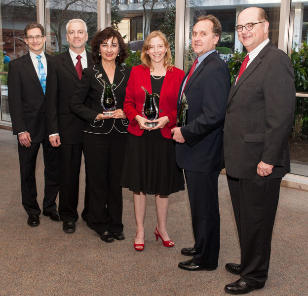 The U.S. Water Alliance (USWA; Washington, D.C.) former president Ben Grumbles (left) and interim president G. Tracy Mehan III (right) stand with the winners of the U.S. Water Prize including, from left, John Radtke, water sustainability manager of The Coca-Cola Co. (Atlanta); Halla Razak, director of Public Utilities for the City of San Diego; Jessica Fox, techinical director of the Electric Power Research Institute (Palo Alto, Calif.); and Bruce Karas, vice president of Environment and Sustainability for Coca-Cola. Photo courtesy of Chris Flynn.