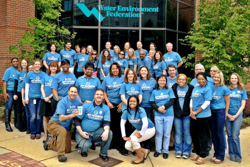 Water Environment Federation (WEF; Alexandria, Va.) staff show support for the WATER'S WORTH IT message by wearing campaign shirts. WEF photo/Grace Hulse.