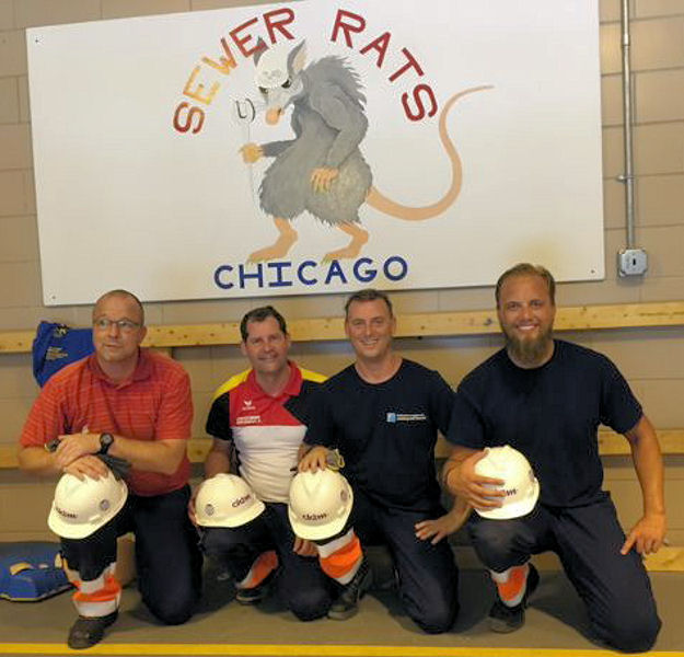 DWA/IFAT All Star team members Peter Albrecht, Achim Höcherl, Michael Dörr, and Sven Theus participated in a training session hosted by the Sewer Rats before the 2015 Operations Challenge competition. Photo courtesy of Heidebrecht.