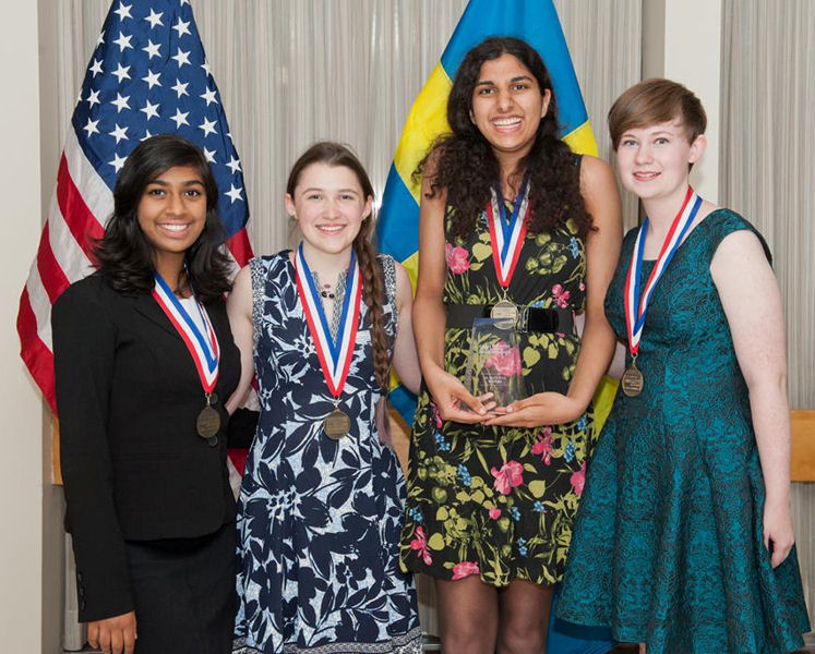 From left, the winners of the 2016 U.S. Stockholm Junior Water Prize (SJWP) were Bjorn von Euler Innovation in Water award recipient Sarayu Das; runner-up Paige Brown; winner Nishith Sinha; and runner-up Megan Lange. Photo courtesy of AOB Photo. 