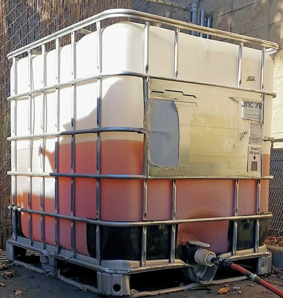 A 946 L (250 gal) collection tank, which receives urine from the Pee Hive via pump, must be emptied and reset weekly. To reduce odor, the tank is cleaned with vinegar regularly. Photo courtesy of Leverenz, University of California, Davis.