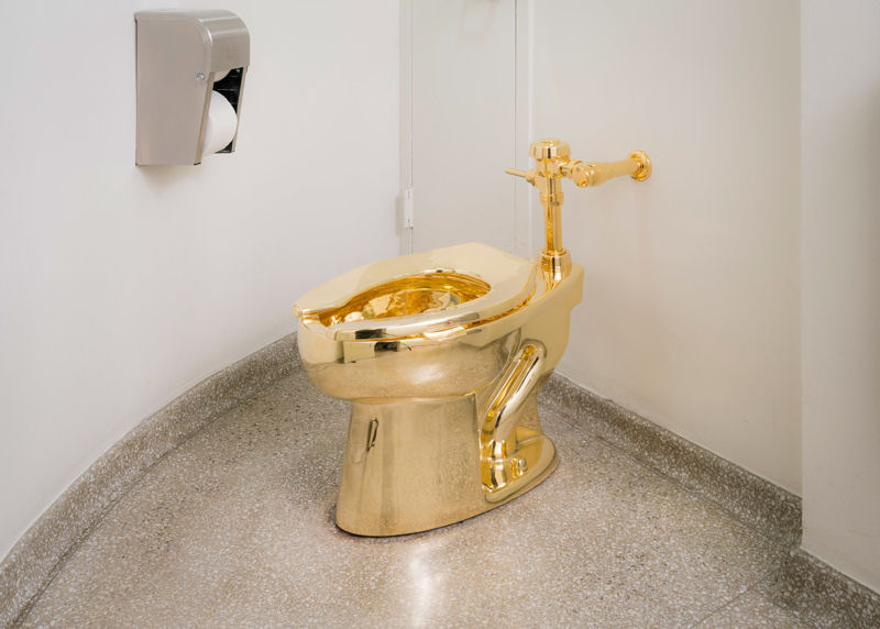 “America,” a solid gold sculpture now on display at the Guggenheim Museum in New York City, must be cleaned every 15 minutes using special wipes. Janitorial staff also steam clean the toilet periodically. Photo courtesy of Kris McKay, Solomon R. Guggenheim Foundation.