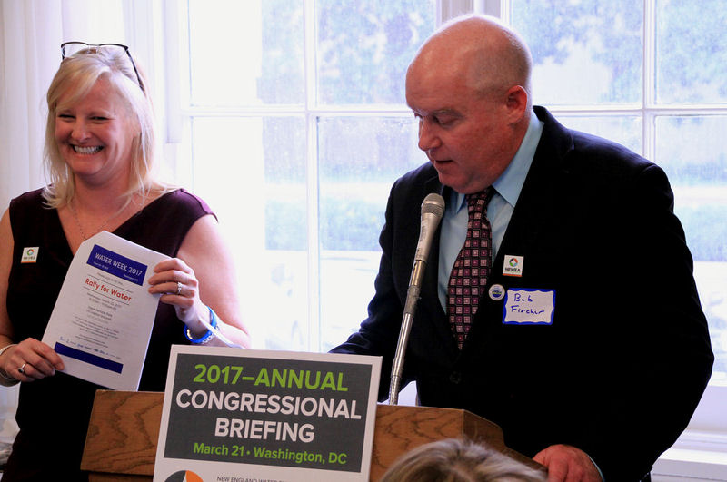 Bob Fischer, chair of the New England Water Environment Association (NEWEA) Government Affairs Committee (right) and Mary Barry, executive director of NEWEA, talk during the NEWEA Congressional Briefing. Photo courtesy of Ray Willis.