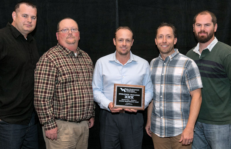 Orren West (second from left) was coach of the Division 1 team, Elevated Ops, which placed second in the Godwin Maintenance Event at WEFTEC 2017. Other team members included, from left, Kelsey Gedge, Lance Wenholz, Matt Duncan, and Josh Mallorey. Photo courtesy of Kieffer Photography. 