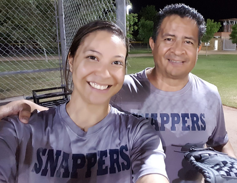 Rey and Jessica have competed on the City of Dallas co-ed softball team, the Snappers. The pair celebrate the team earning a spot in the finals in 2016. Photo courtesy of Jessica.