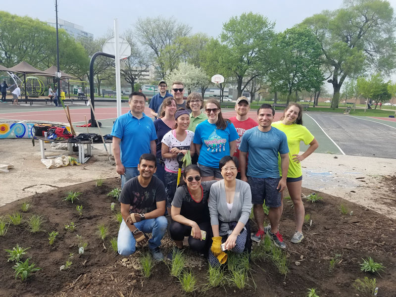 The volunteers who helped install a raingarden as part of the CSWEA Service Project included CSWEA volunteers, parents of Skinner North Classical School students, and a representative from The Spirted Gardener. Photo courtesy of Magnuson.